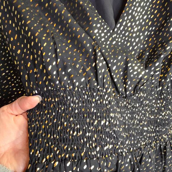 RIHOAS Black Gold Metallic Long Sleeve V Neck Midi Dress XL - Picture 11 of 16